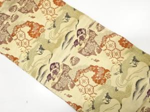 アンティーク　貝桶に鶴・桧扇模様織り出し名古屋帯（材料）